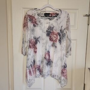 Elegant Floral Lace Tunic - Pink and Blue